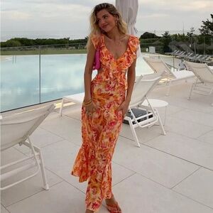Blogger fave! Zara linen pink and orange floral cutout ruffle midi dress size XS